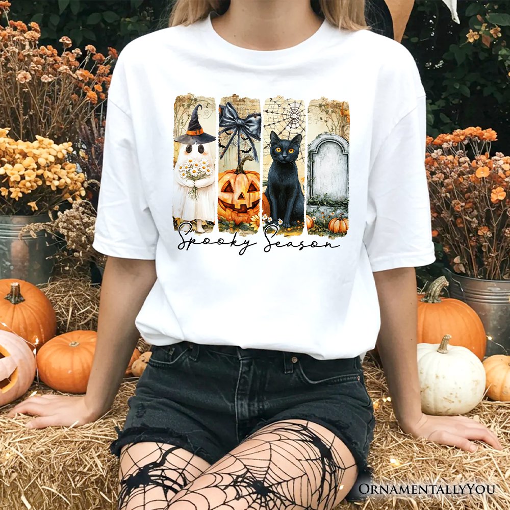 Fall Spooky Season Brushstroke T-Shirt, Coquette Vintage Ghost, Cat and Pumpkin Tee T-Shirts OrnamentallyYou White XS 
