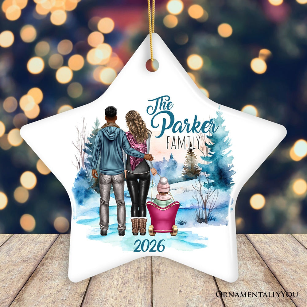Family of Three Winter Holiday Personalized Gift, Parents & Baby on Sleigh Custom Christmas Ornament Ceramic Ornament OrnamentallyYou Star 