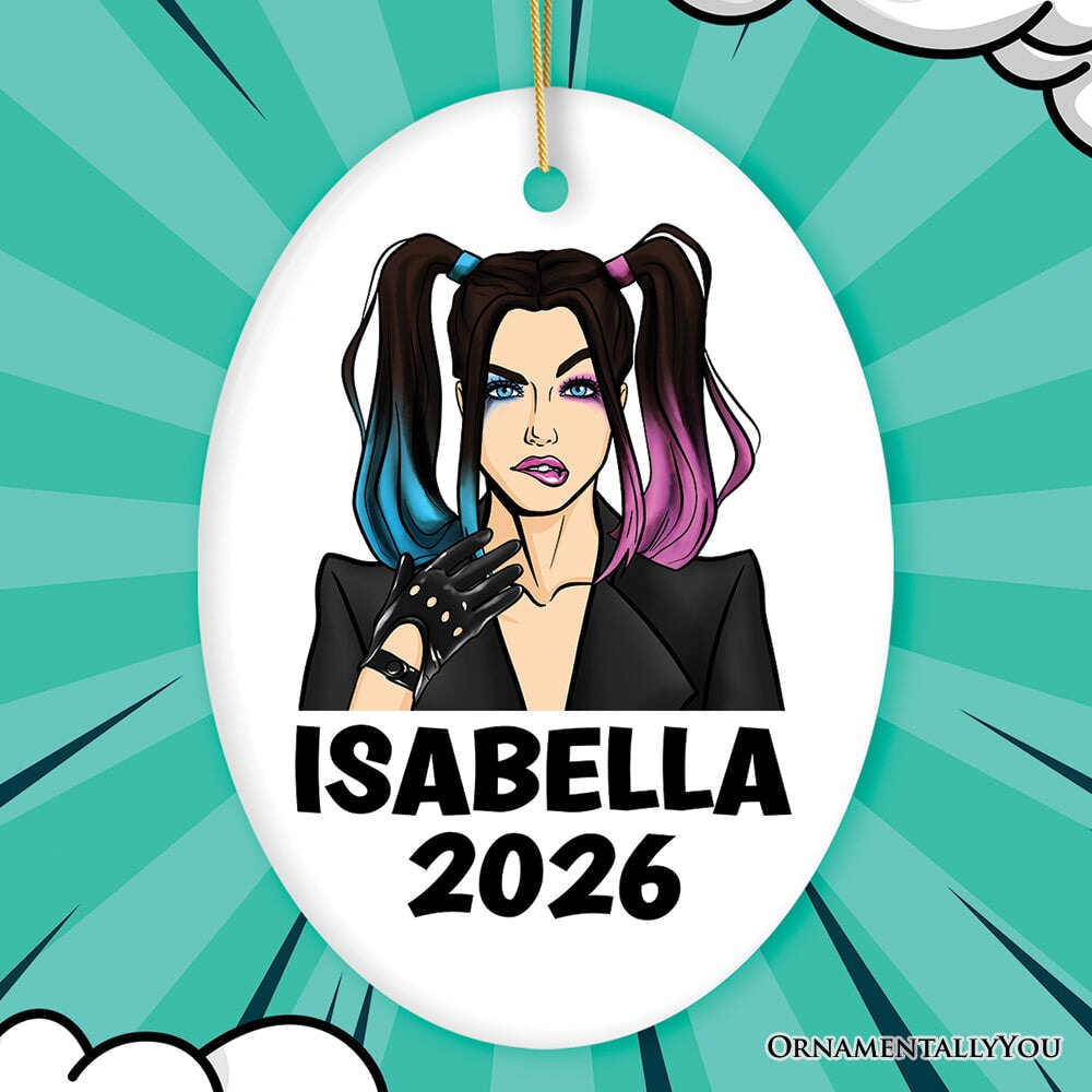 Female Supervillain Custom Comic Style Ornament, Hardcore Punk Badass Emo Gift Ceramic Ornament OrnamentallyYou Oval 