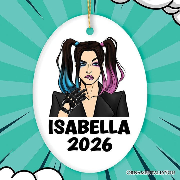 Female Supervillain Custom Comic Style Ornament, Hardcore Punk Badass Emo Gift Ceramic Ornament OrnamentallyYou Oval 