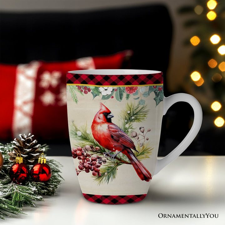(Pre-Order) Festive Country Plaid Set of 4 Ceramic Mugs with Real Gold Trim, Christmas Kitchen Coffee Cup Gift with Santa, Cardinal, Deer, and Snowman Mug Sets OrnamentallyYou 