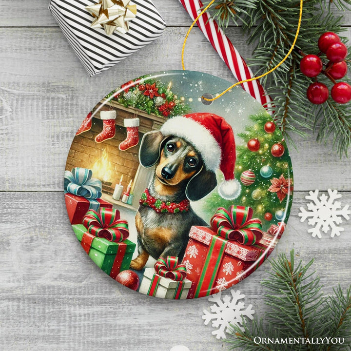 Festive Dachshund Delight Ornament, Joyful Gift and Decor for Christmas Tree Ceramic Ornament OrnamentallyYou 