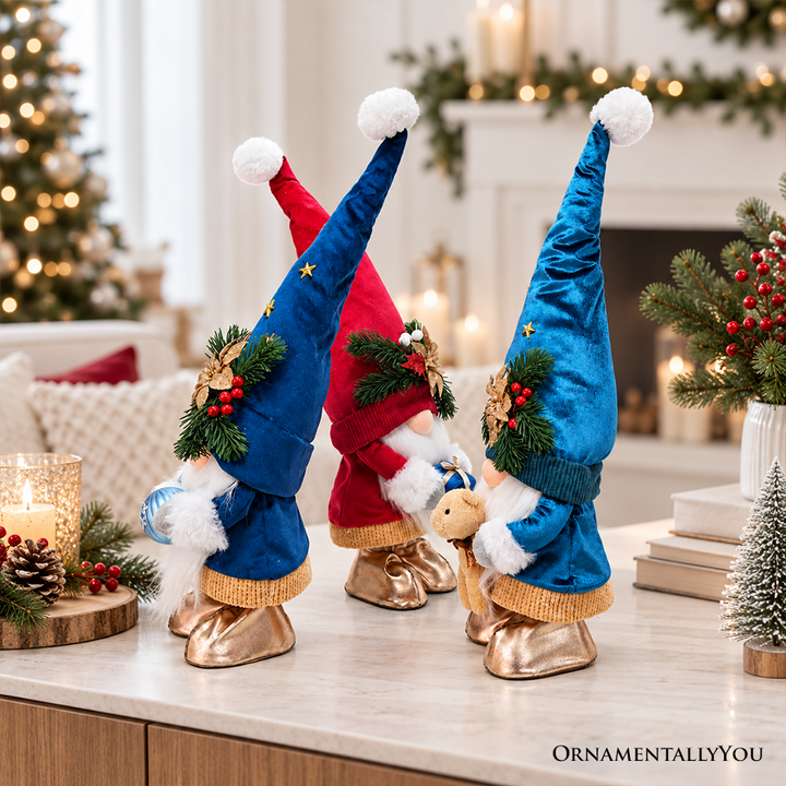 Festive Poinsettia Plush Gnome Set of 3, Blue Red and Teal 21" Christmas Decor with Present and Teddy Bear