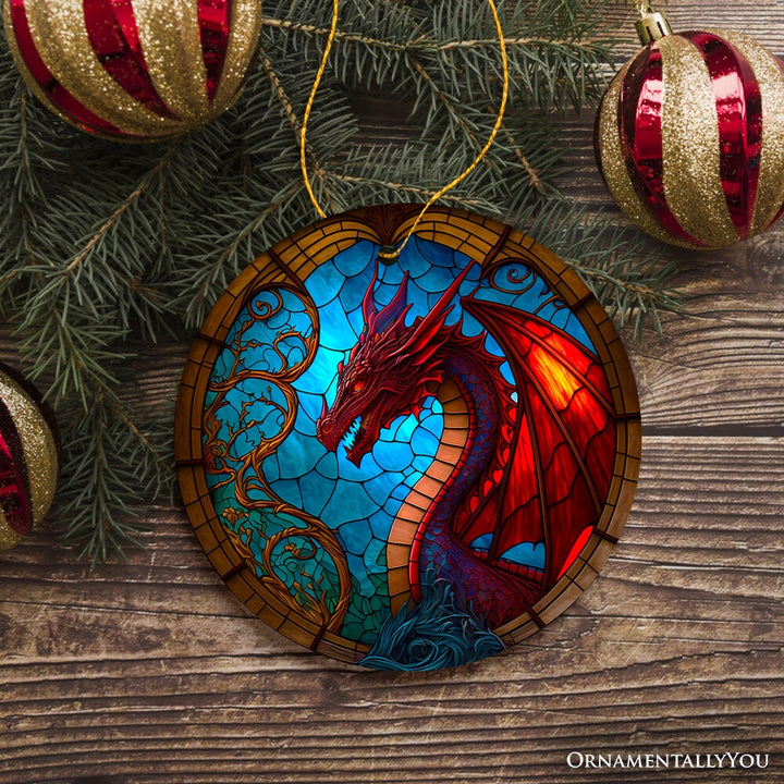 Fierce Dragon Stained Glass Style Ceramic Ornament, Unique Goth Tree Decor Ceramic Ornament OrnamentallyYou 