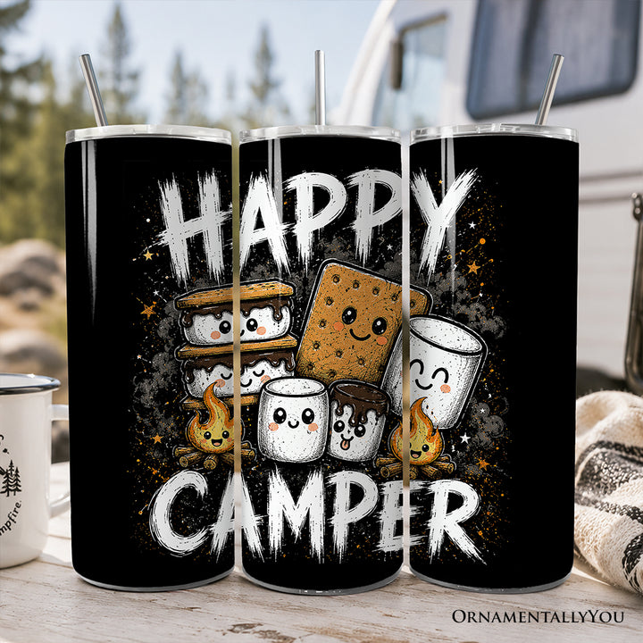Fireside Snacks Happy Camper 20oz Personalized Tumbler With Lid and Stainless Steel Straw, Funny Outdoor Campfire Gift Cup
