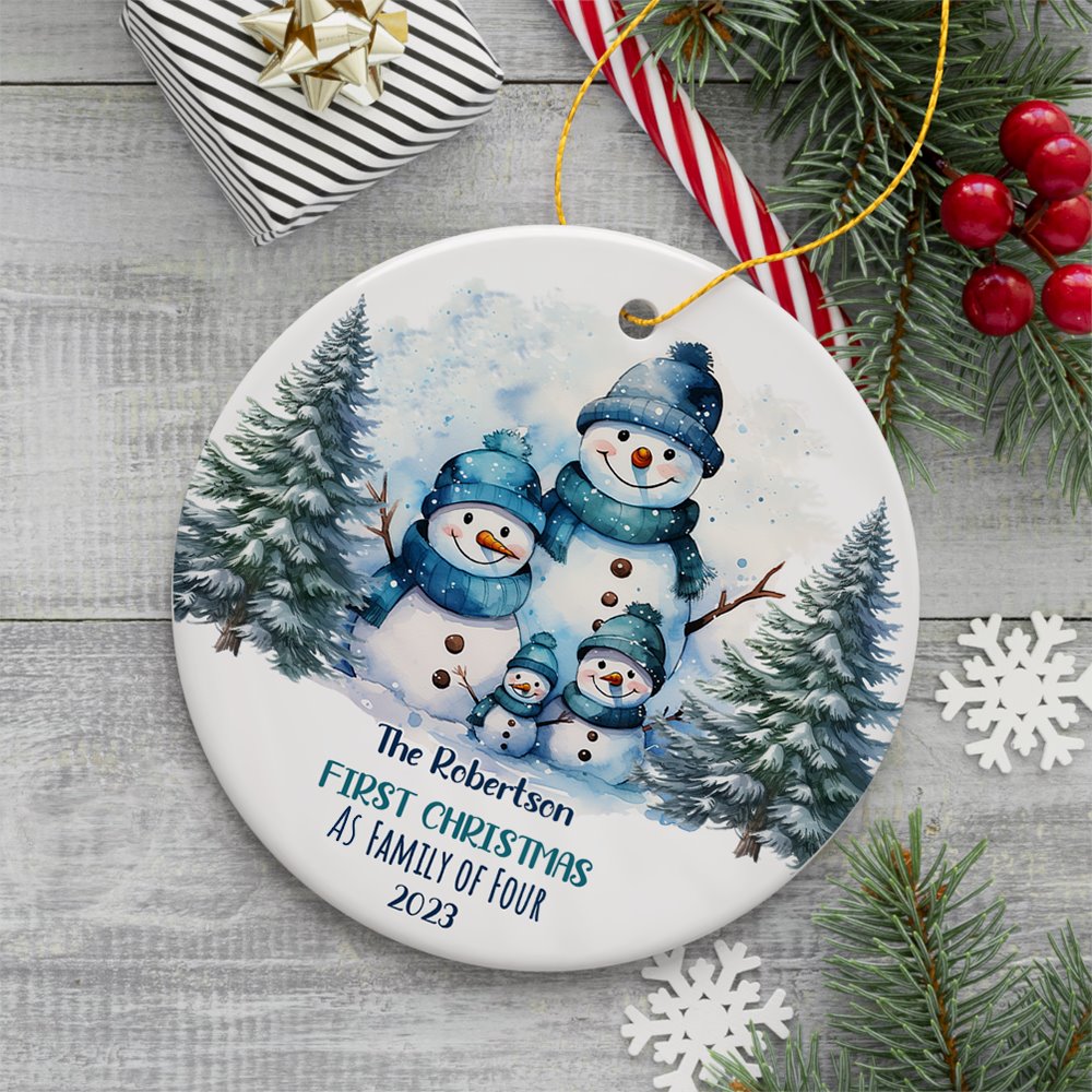 First Christmas Family of Four Personalized Ornament, Cute Artistic Snowmen Christmas Gift With Custom Names and Date Ceramic Ornament OrnamentallyYou 