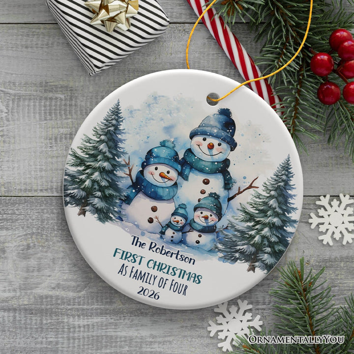 First Christmas Family of Four Personalized Ornament, Cute Artistic Snowmen Christmas Gift With Custom Names and Date Ceramic Ornament OrnamentallyYou 