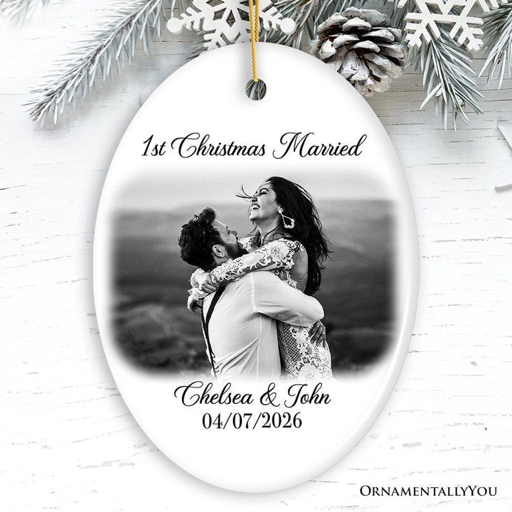 First Christmas Married Personalized Photo Ornaments, Mr And Mrs Wedding Gift Ceramic Ornament OrnamentallyYou Oval 