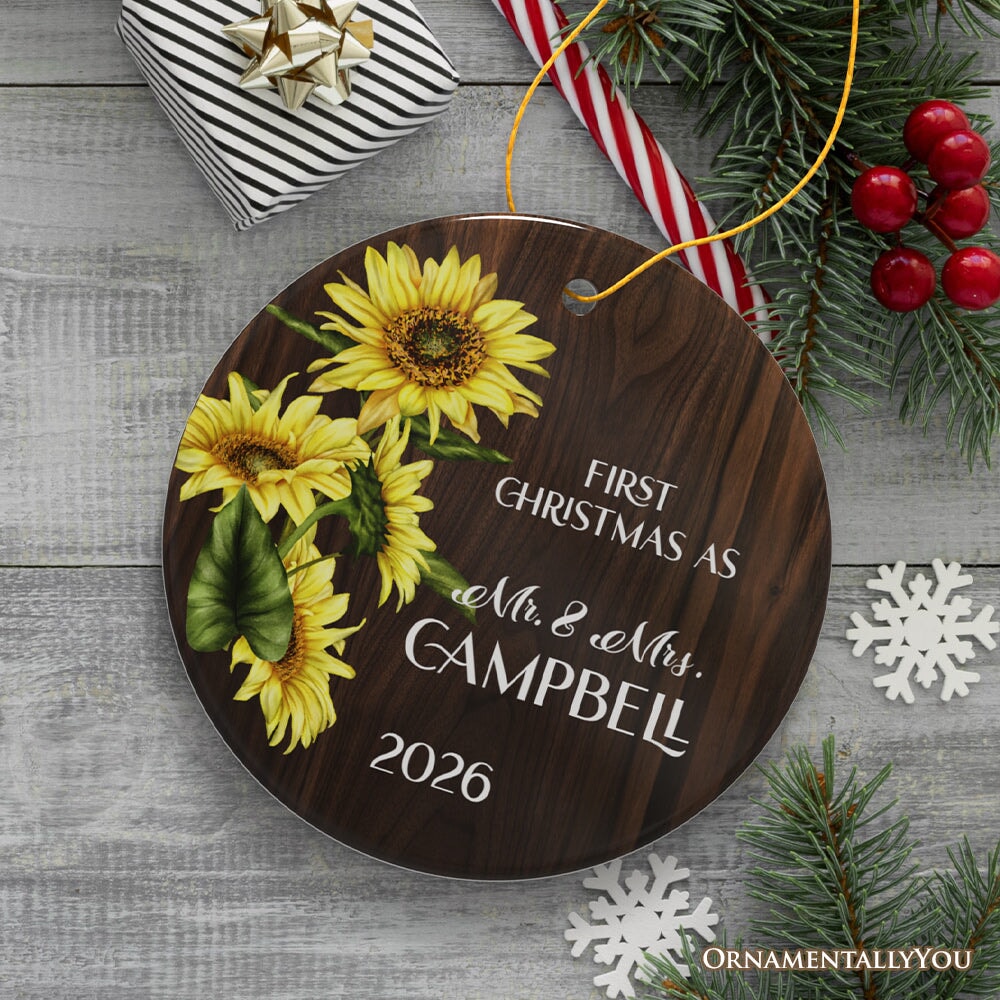First Christmas as Mr and Mrs Rustic Sunflower Personalized Christmas Ornament, Wedding Couple Gift Ceramic Ornament OrnamentallyYou 