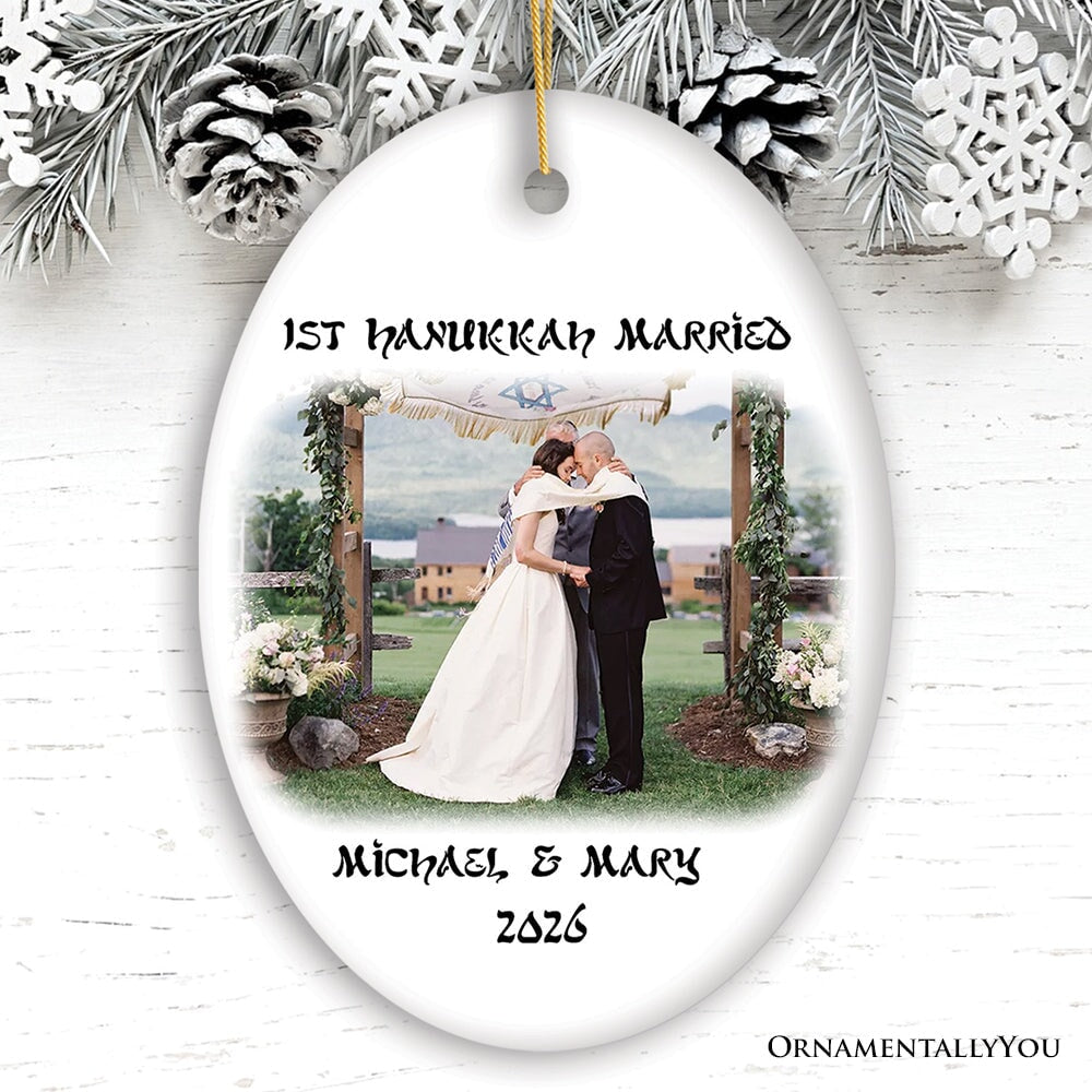 First Hanukkah Married Personalized Photo Ornaments, Engagement Gift Ceramic Ornament OrnamentallyYou Oval 