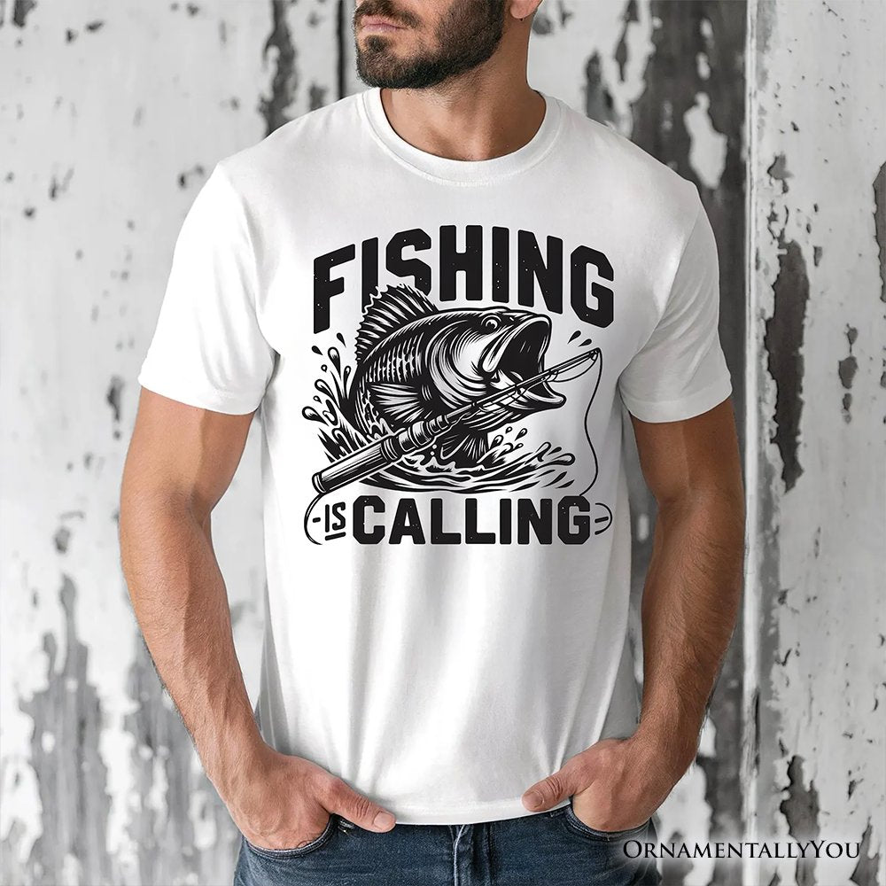Fishing Is Calling T-Shirt, White Outdoor Tee for Fishermen Dads T-Shirts OrnamentallyYou 