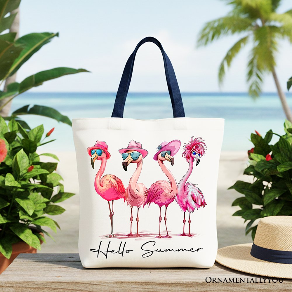 Flamingo Hello Summer Canvas Tote Bag, Retro Gift Shopper with Tropical Birds Tote Bag OrnamentallyYou Navy Handle 