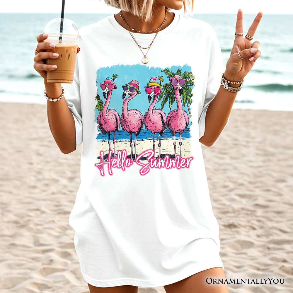 Flamingo Hello Summer T-Shirt, Tropical Beach Vacation Tee T-Shirts OrnamentallyYou 