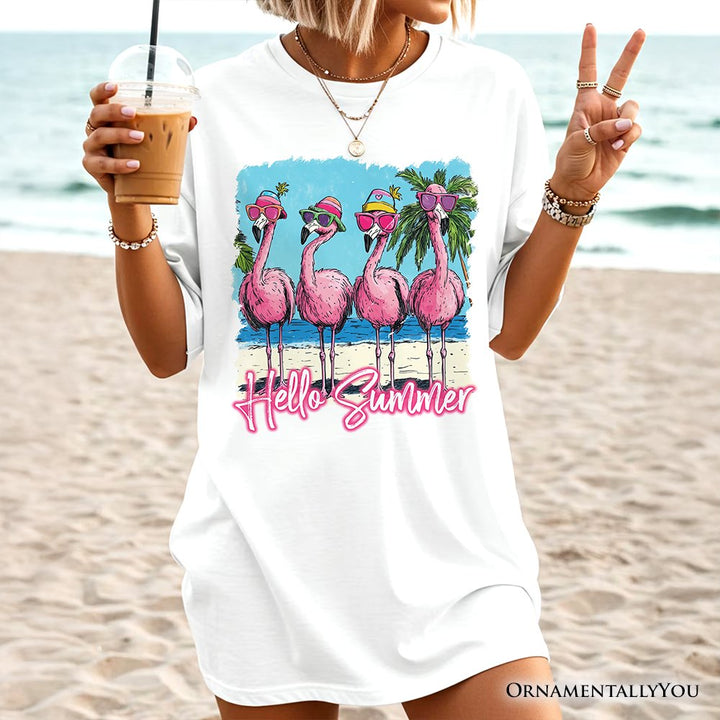Flamingo Hello Summer T-Shirt, Tropical Beach Vacation Tee T-Shirts OrnamentallyYou 