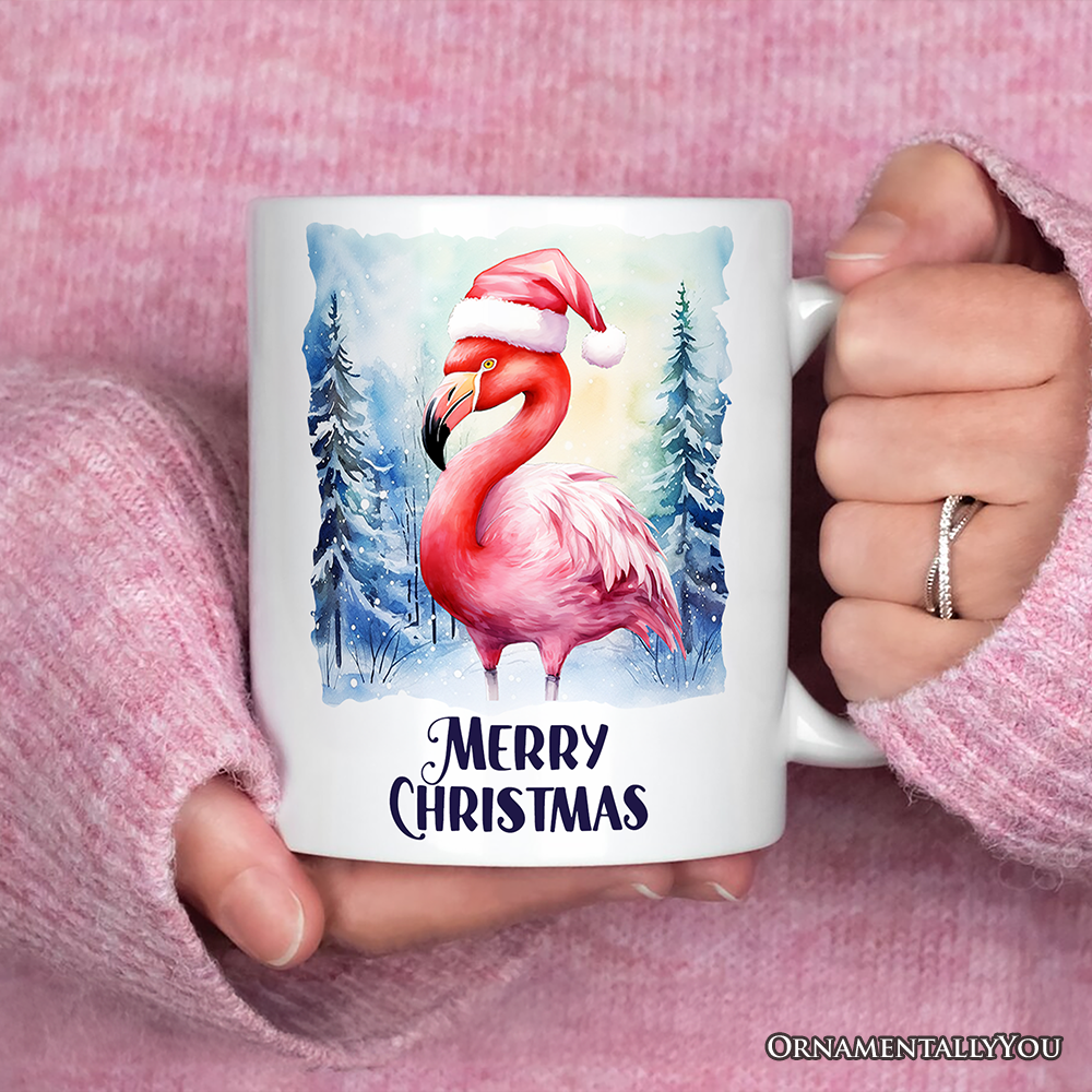 Flamingo with Santa Hat Personalized Mug, Winter Forest Christmas Gift With Custom Name and Date