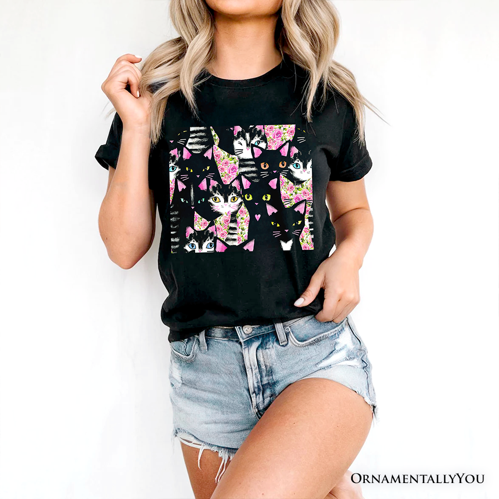 Floral Black And Pink Cats Pattern Cute T-Shirt, Kitten Collage Tee for Cat Lovers