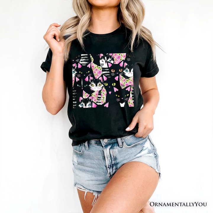 Floral Black And Pink Cats Pattern Cute T-Shirt, Kitten Collage Tee for Cat Lovers