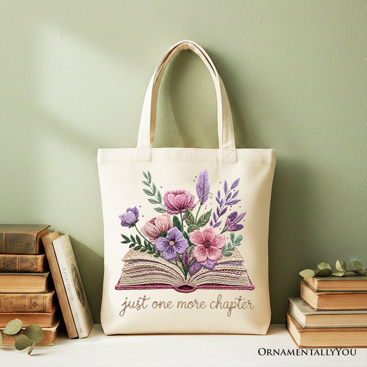 Floral Book Printed Faux Yarn Crochet Tote Bag, Just One More Chapter Bookworm Gift Shopper Tote Bag OrnamentallyYou Beige 