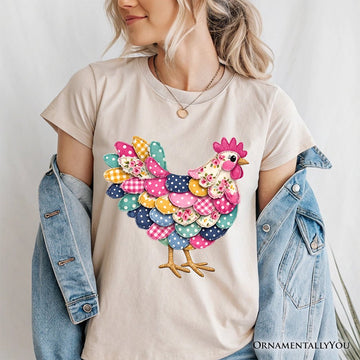 Floral Chicken Printed Faux Patchwork T-Shirt, Coquette Hen Farmhouse Tee T-Shirts OrnamentallyYou 