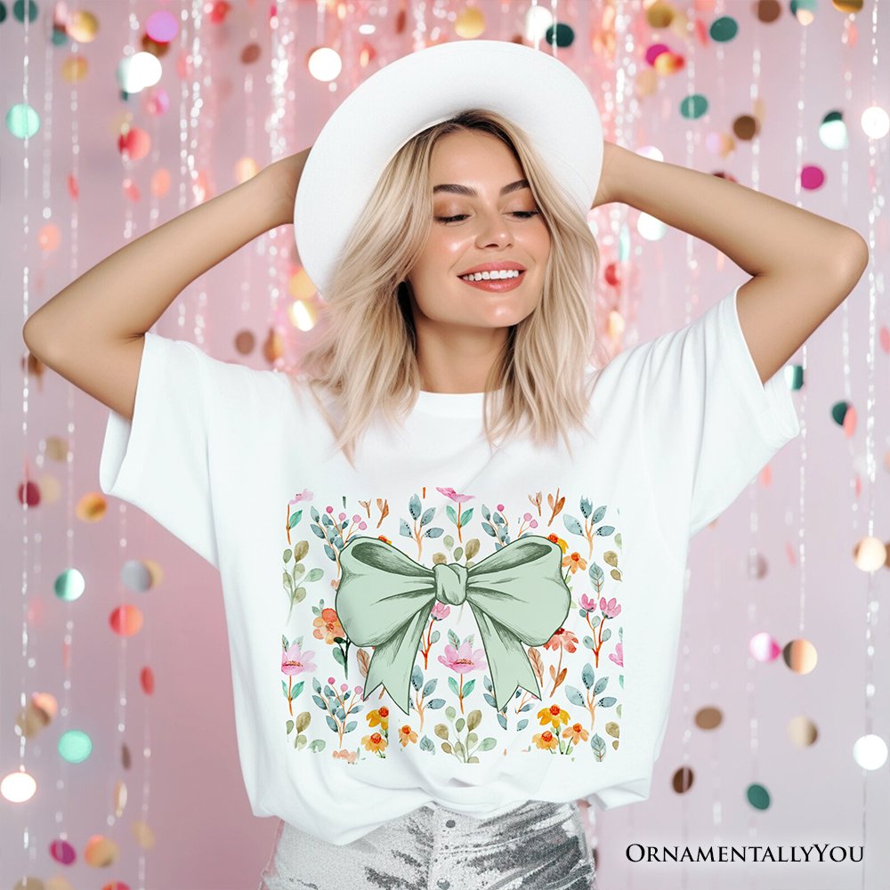 Floral Coquette Bow T-Shirt, Cute Spring Preppy Girly Flowers Tee T-Shirts OrnamentallyYou 