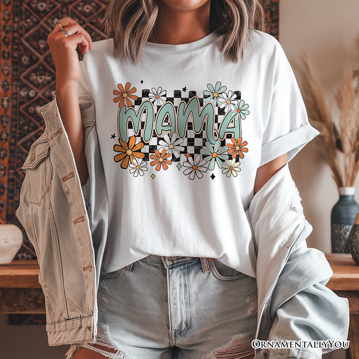 Floral Mama Checkered T-Shirt, White, Natural and Black Retro Tee for Stylish Mothers