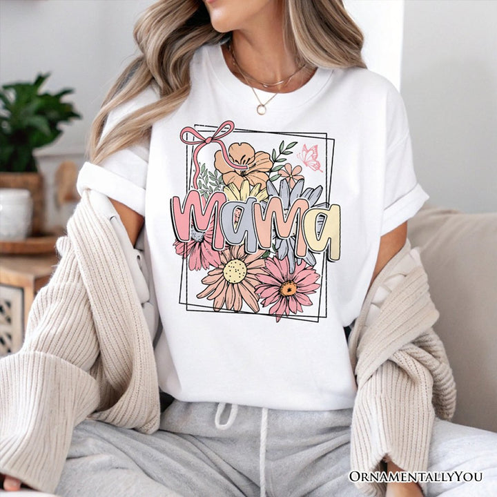 Floral Mama Coquette Bow Pastel T-Shirt, White and Natural Boho Tee With Spring Flower T-Shirts OrnamentallyYou 