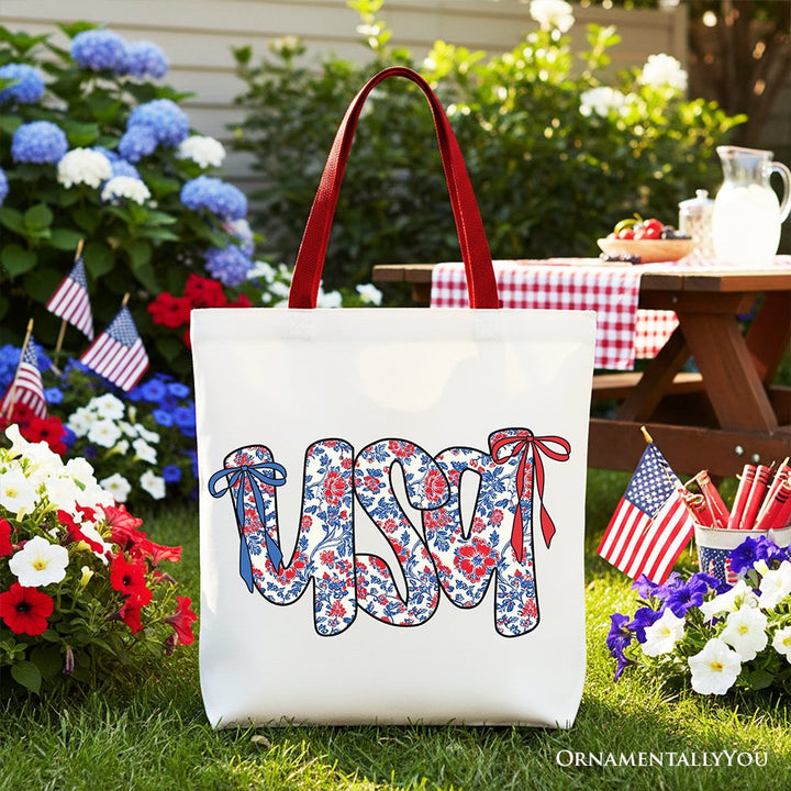 Floral USA Patriotic Canvas Tote Bag, 4th of July Gift Shopper for Stylish Women Tote Bag OrnamentallyYou Red Handle 