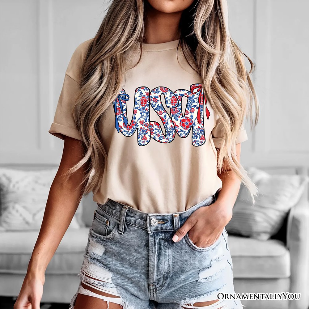 Floral USA Patriotic T-Shirt, 4th of July White, Natural and Black Tee for Stylish Women T-Shirts OrnamentallyYou 