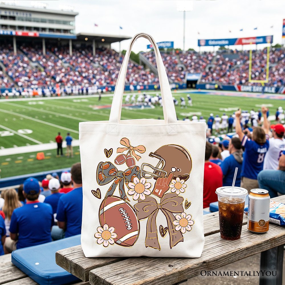Football Mom Coquette Bow Daisy Tote Bag, Retro Fall Game Day Preppy Gift Shopper Tote Bag OrnamentallyYou White 
