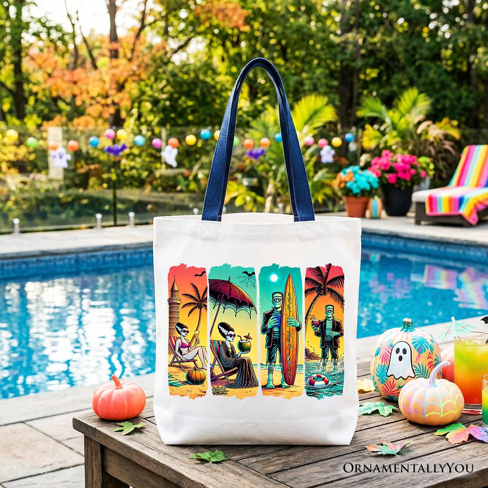Frankenstein's Beach Vacation Tote Bag, Retro Neon Surf Style Gift Shopper for Horror Fans with Summer Vibes Tote Bag OrnamentallyYou Navy Handle 