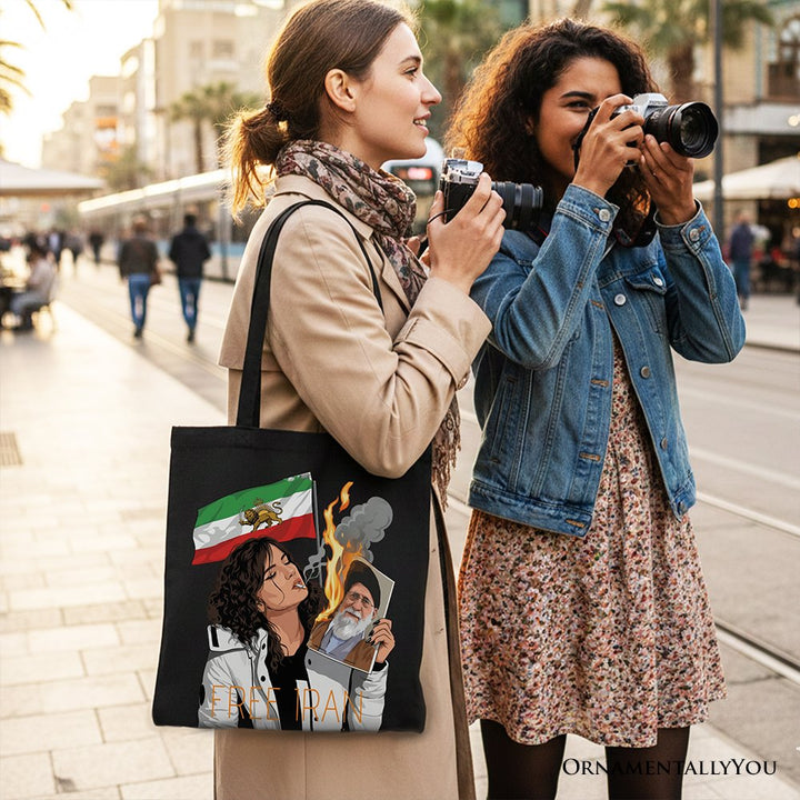 Free Iran Protest Canvas Tote Bag, Lion and Sun Flag Persian Freedom Activist Gift Shopper OrnamentallyYou 