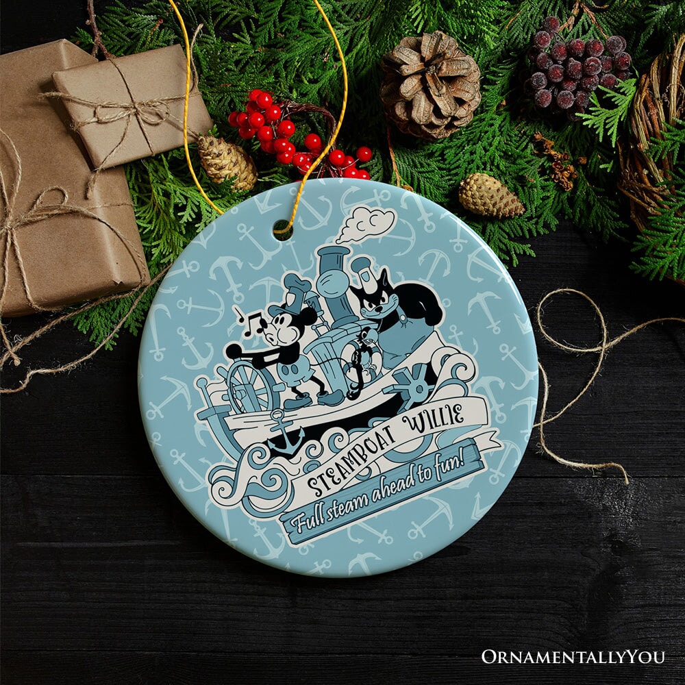 Full Steam Ahead to Fun Quote Ornament, Nostalgic Steamboat Willie Christmas Gift Ceramic Ornament OrnamentallyYou 