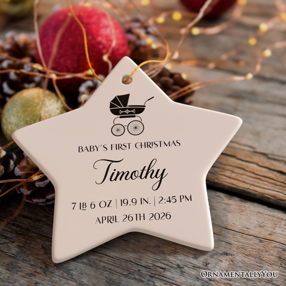 Fully Detailed Baby’s First Christmas Personalized Ornament with Weight and Birth Year Ceramic Ornament OrnamentallyYou 