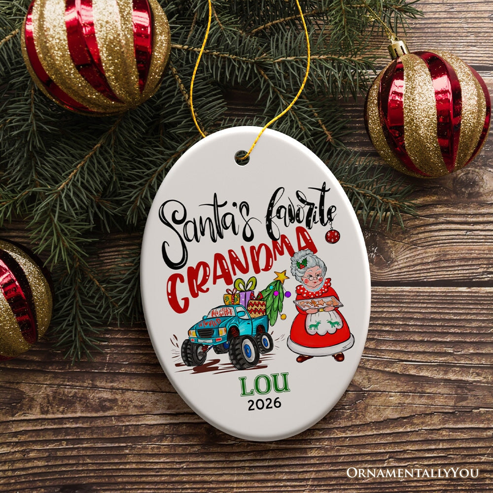Fun & Whimsical Santa’s Favorite Grandma Personalized Christmas Keepsake Ornament, Grandmother Appreciation Gift Ceramic Ornament OrnamentallyYou Oval 