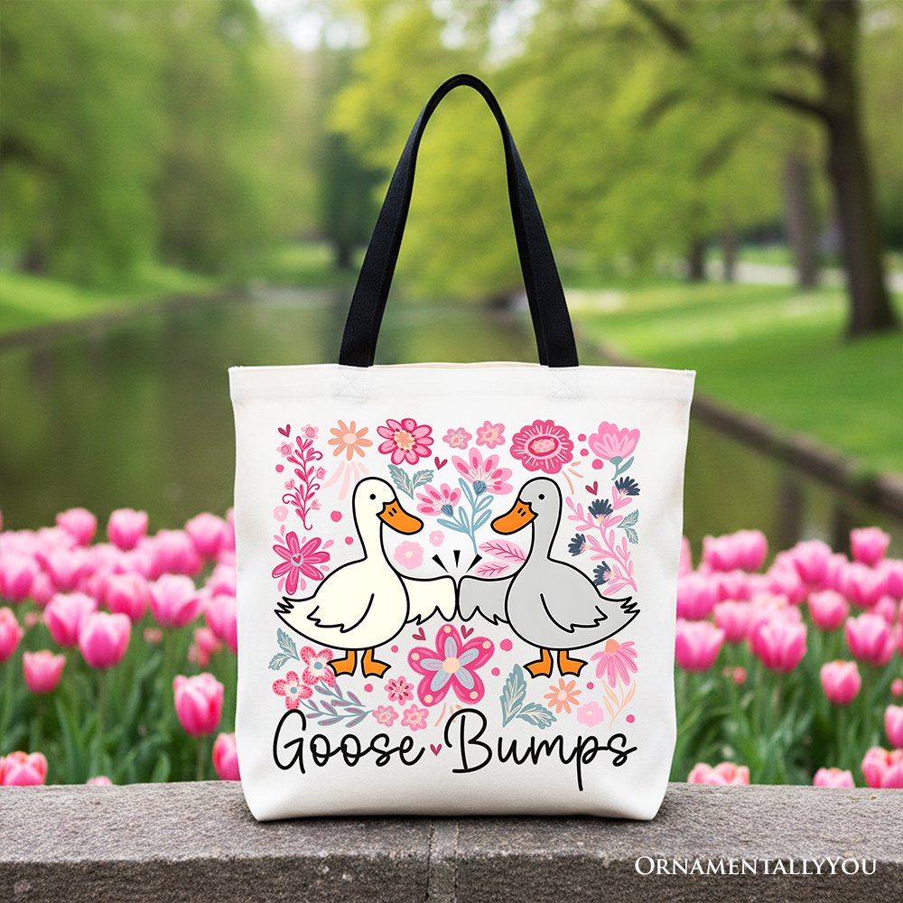 Funny Goose Bumps Floral Canvas Tote Bag, Sarcastic Goose Gift Shopper Tote Bag OrnamentallyYou Black Handle 