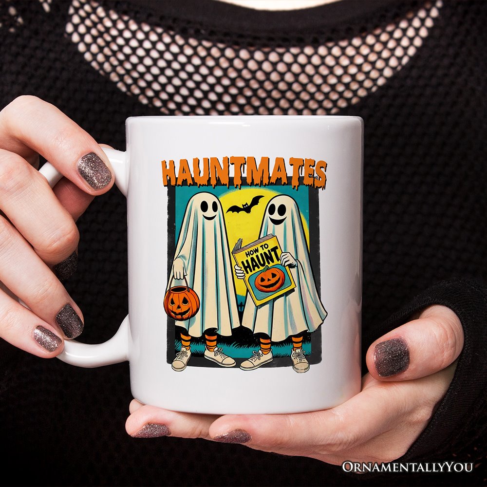 Funny Retro Ghosts Hauntmates Personalized Mug, Vintage Best Friend Halloween Gift with Custom Names Personalized Ceramic Mug OrnamentallyYou 12oz Mug Non-Custom 