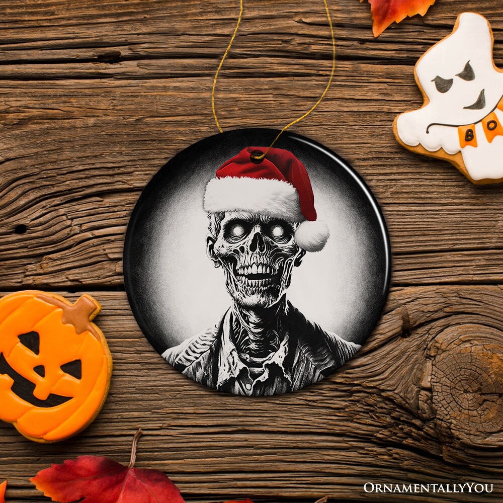 Ghastly Undead Zombie with Santa Hat Ornament, Eerie Christmas Gift for Horror Lovers Ceramic Ornament OrnamentallyYou 