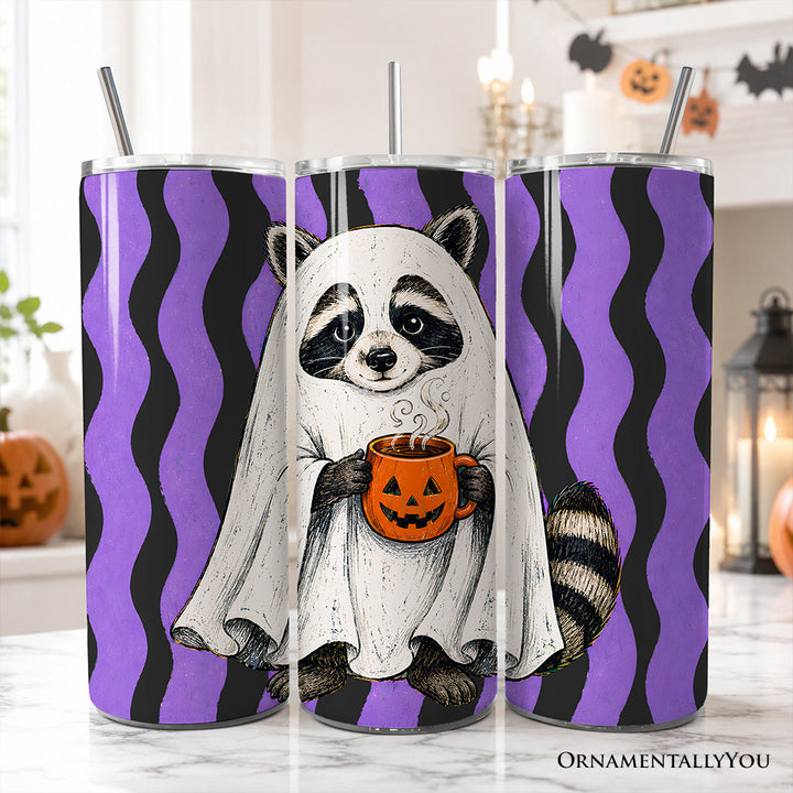 Ghost Costume Raccoon 20oz Personalized Tumbler With Lid and Stainless Steel Straw, Halloween Pumpkin Coffee Mug Gift Cup