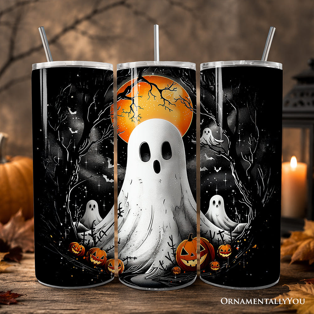 Ghost Night Halloween 20oz Personalized Tumbler With Lid and Stainless Steel Straw, Spooky Horror Gift Cup