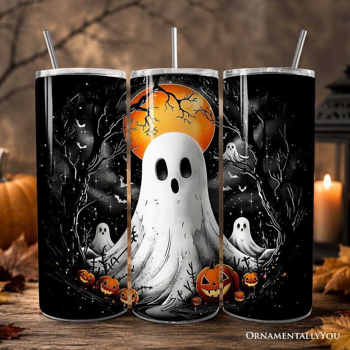 Ghost Night Halloween 20oz Personalized Tumbler With Lid and Stainless Steel Straw, Spooky Horror Gift Cup