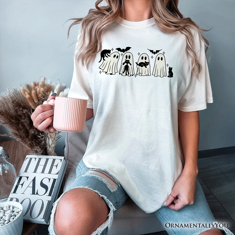 Ghosts and Cats Spooky T-Shirt, Whimsical Halloween Tee for Cozy Autumn Season T-Shirts OrnamentallyYou 