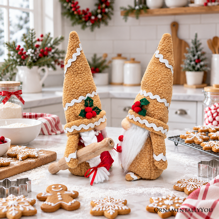 Gingerbread Christmas Plush Gnome Set of 2, Holiday 10.5" Baking Decor with Rolling Pin and Candy Cane