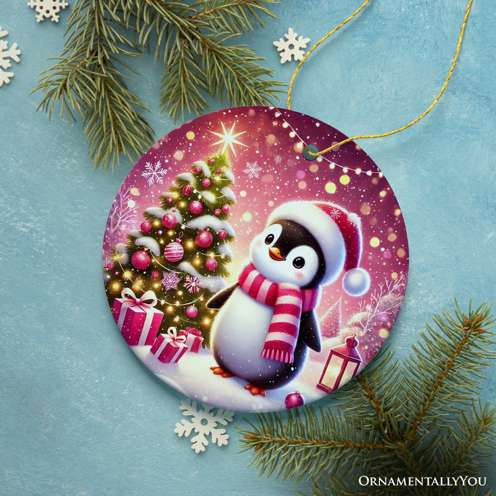 Glistening Winter Penguin Pink Themed Ornament, Adorable Arctic Christmas Gift and Decor Ceramic Ornament OrnamentallyYou 