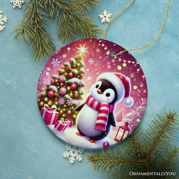 Glistening Winter Penguin Pink Themed Ornament, Adorable Arctic Christmas Gift and Decor Ceramic Ornament OrnamentallyYou 