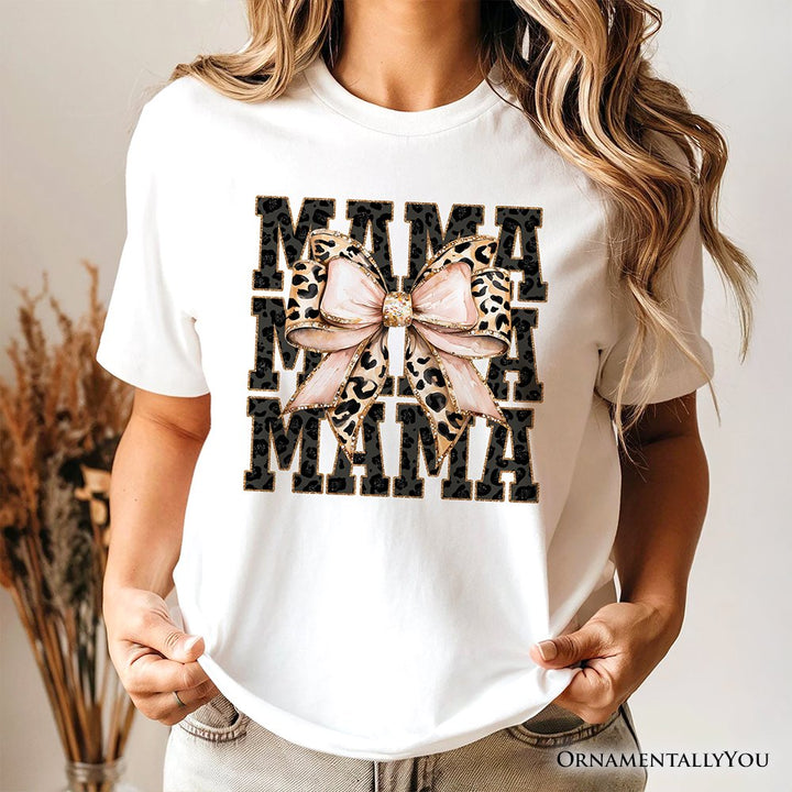 Glitter Leopard Mama T-Shirt, Coquette Bow Tee for Glam and Trendy Mothers T-Shirts OrnamentallyYou 