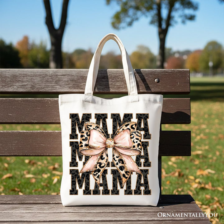 Glitter Leopard Mama Tote Bag, Coquette Bow Gift Shopper for Glam and Trendy Mothers Tote Bag OrnamentallyYou White 