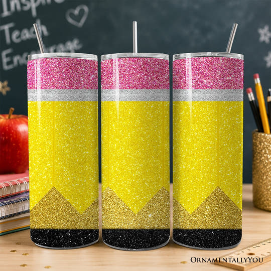 Glitter Pencil Design 20oz Personalized Tumbler With Lid and Stainless Steel Straw, School Teacher Gift Cup Tumbler OrnamentallyYou Non-Customized 
