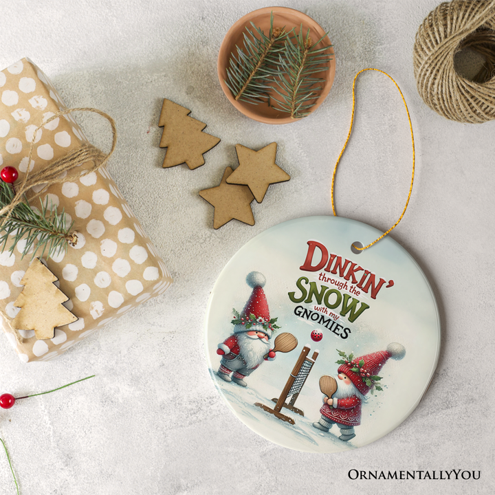 Gnomies Dinkin’ Through the Snow Ceramic Ornament, Funny Pickleball Christmas Gift and Tree Decor