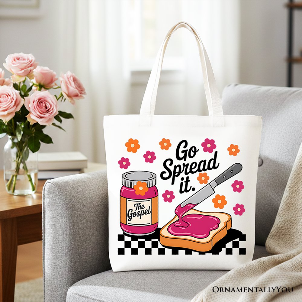 Go Spread It Christian Tote Bag, Cute Gospel Jam and Toast Gift Shopper Tote Bag OrnamentallyYou White 
