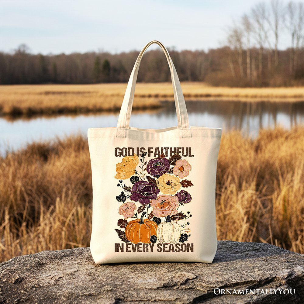 God Is Faithful in Every Season Floral Tote Bag, Christian Fall Gift Shopper Tote Bag OrnamentallyYou Beige 